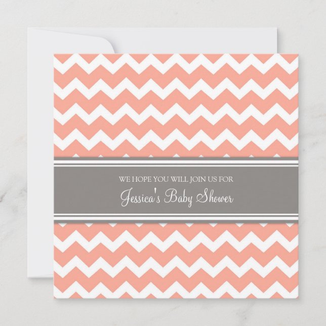 Coral Grey Chevron Custom Baby Shower Invitations (Front)