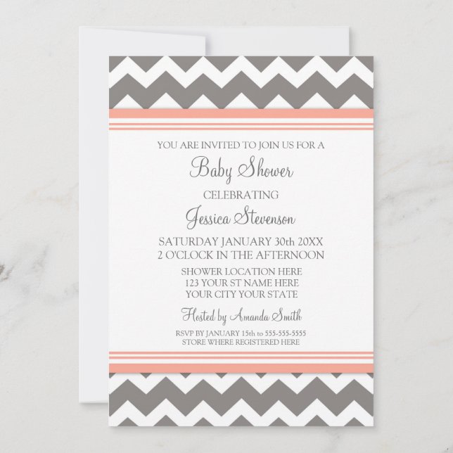 Coral Grey Chevron Custom Baby Shower Invitations (Back)