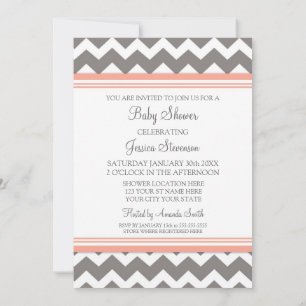 Coral Grey Chevron Custom Baby Shower Invitations
