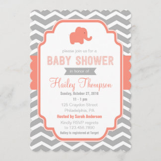 Coral Grey Chevron Elephant Baby Shower Invite