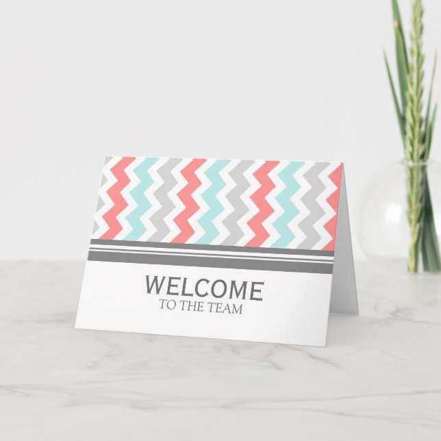 Coral Grey Chevron Employee Welcome to the Team Card (Front)