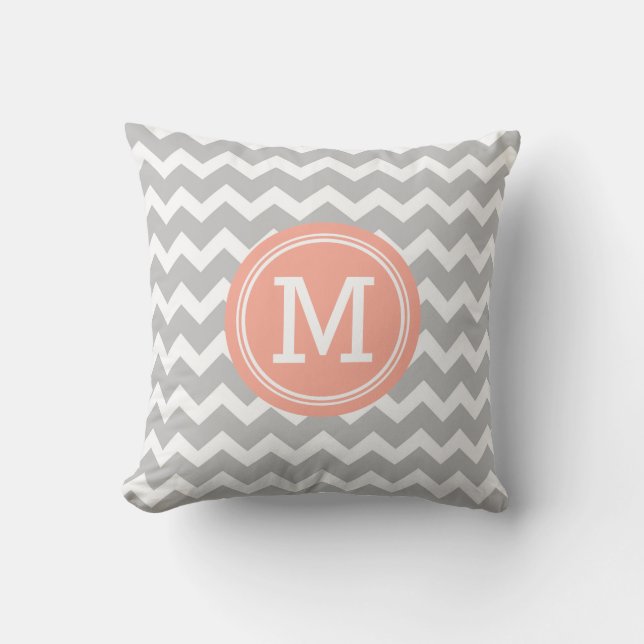 Coral Grey Chevron Monogram Decorative Pillow (Front)