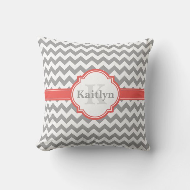 Coral Grey Chevron Pattern & Moroccan Quatrefoil Throw Pillow (Front)