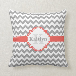 Coral Grey Chevron Pattern & Moroccan Quatrefoil Throw Pillow