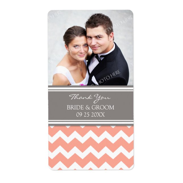 Coral Grey Chevron Photo Wedding Labels (Front)