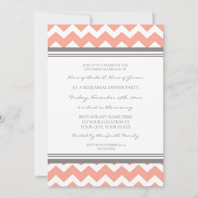 Coral Grey Chevron Rehearsal Dinner Party Invitation (Back)