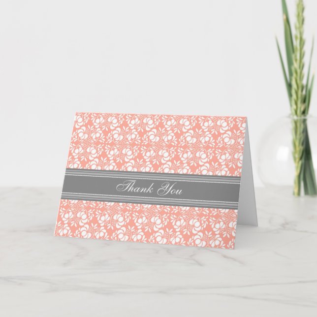Coral Grey Damask Baby Shower Thank You Card (Front)