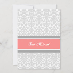 Coral Grey Damask Bat Mitzvah Invitations