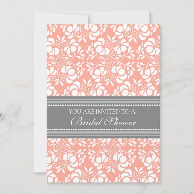 Coral Grey Damask Bridal Shower Invitation Cards (Front)