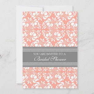 Coral Grey Damask Bridal Shower Invitation Cards