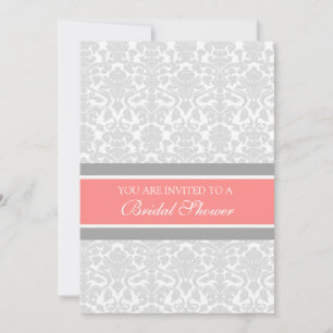 Coral Grey Damask Bridal Shower Invitation Cards
