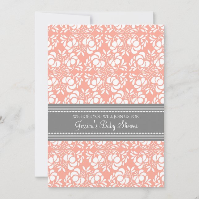 Coral Grey Damask Custom Baby Shower Invitations (Front)