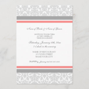 Coral Grey Damask Engagement Party Invitations