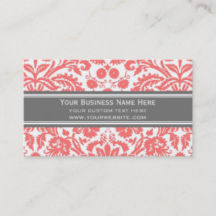 Coral Grey Damask Floral Business Cards