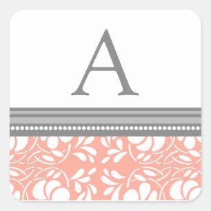 Coral Grey Damask Monogram Envelope Seal