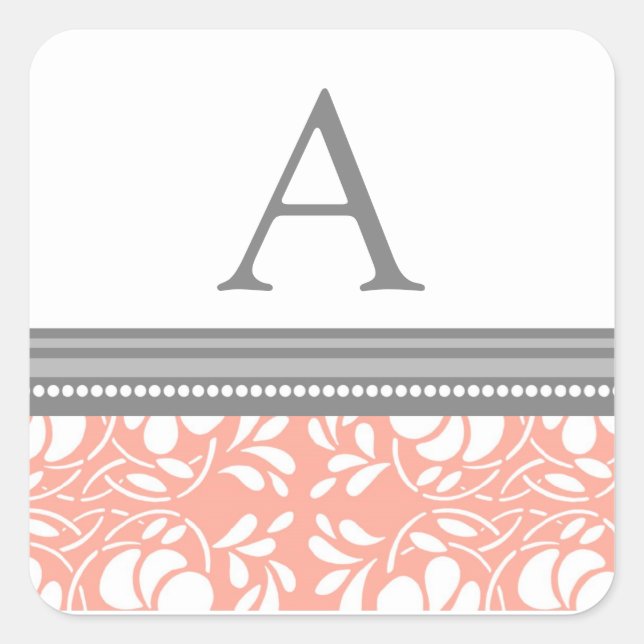 Coral Grey Damask Monogram Envelope Seal (Front)