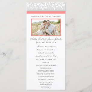 Coral Grey Damask Photo Wedding Program