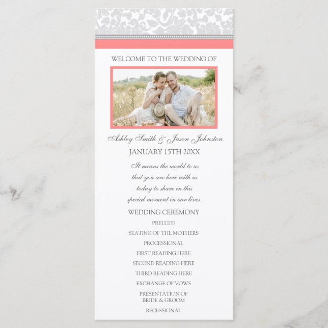 Coral Grey Damask Photo Wedding Program (Front)