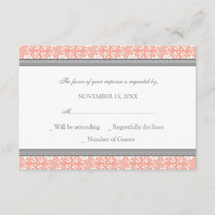 Coral Grey Damask RSVP Wedding Card