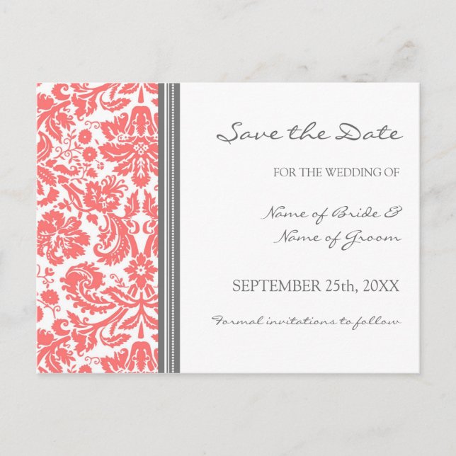 Coral Grey Damask Save the Date Wedding Postcard (Front)