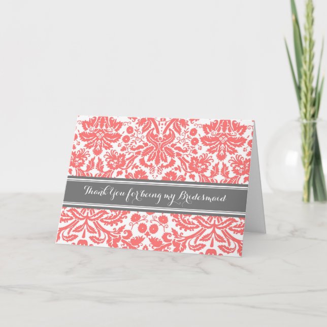 Coral Grey Damask Thank You Bridesmaid Card (Front)