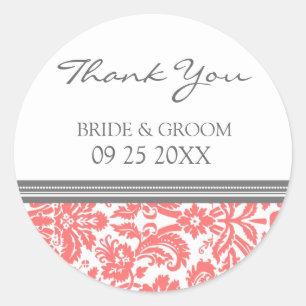 Coral Grey Damask Thank You Wedding Favour Tags