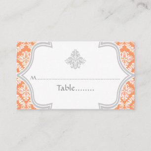 Coral, grey damask wedding place card