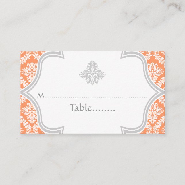 Coral, grey damask wedding place card (Front)