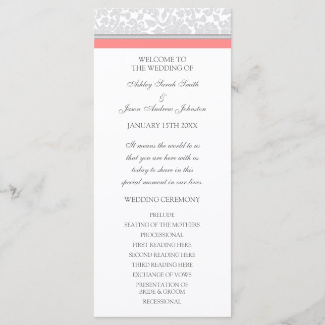 Coral Grey Damask Wedding Program (Front)