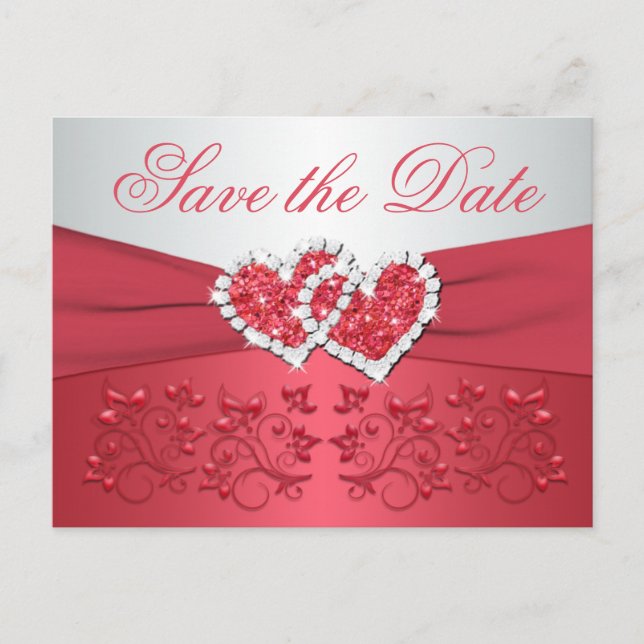 Coral, Grey Floral Hearts Save the Date Postcard (Front)