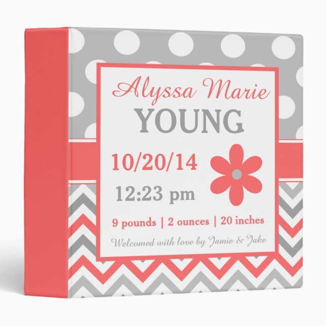Coral Grey Floral Personalized Baby Album Binder (Front/Spine)