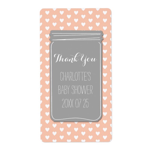 Coral Grey Hearts Mason Jar Baby Shower Favour (Front)