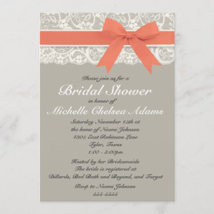 Coral Grey Lace Bridal Shower Invitation