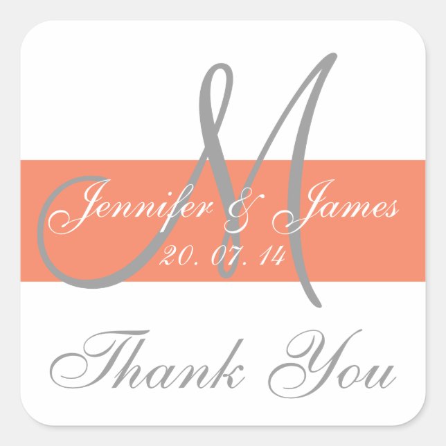 Coral Grey Monogram Wedding Thank You Stickers (Front)
