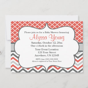 Coral Grey Quatrefoil Chevron Invitation