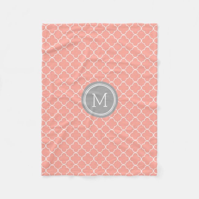 Coral Grey Quatrefoil Pattern Monogram Blanket (Front)