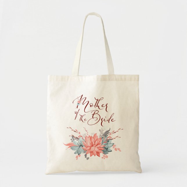 Coral Grey Succulent Floral Mother of the Bride Tote Bag (Front)