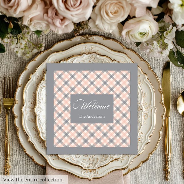 Coral Grey Tartan Napkins Personalized Modern Set (Coral Grey Tartan Napkins Personalized Modern Set)