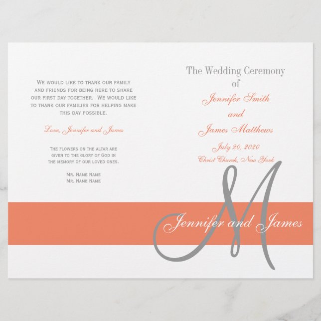 Coral Grey Wedding Program | Monogram (Front)