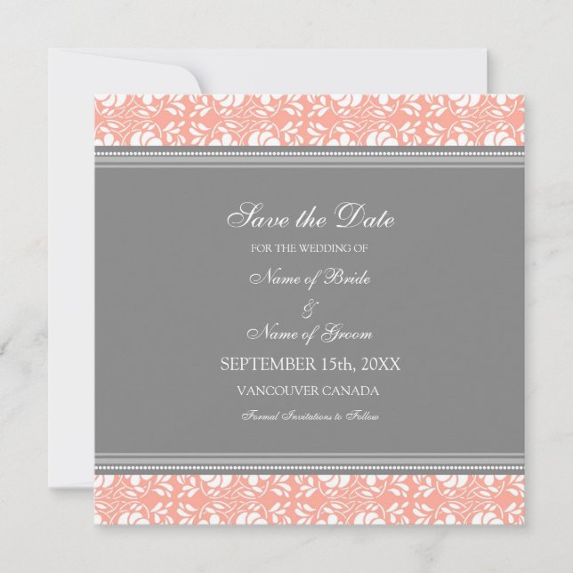 Coral Grey Wedding Save the Date Card (Front)