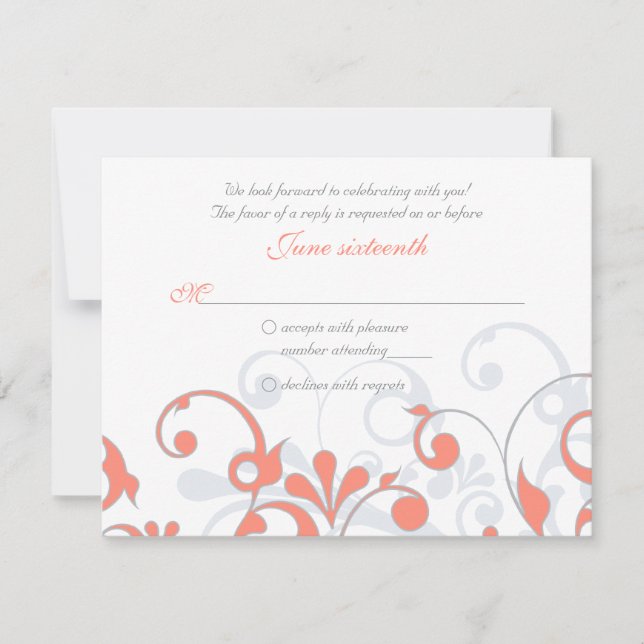 Coral Grey White Abstract Floral Wedding RSVP Card (Front)