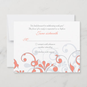 Coral Grey White Abstract Floral Wedding RSVP Card