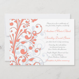 Coral, Grey White Floral Wedding Invitation