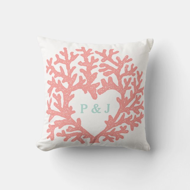 Coral Heart Aqua Beach Wedding Custom Date Throw Pillow (Front)