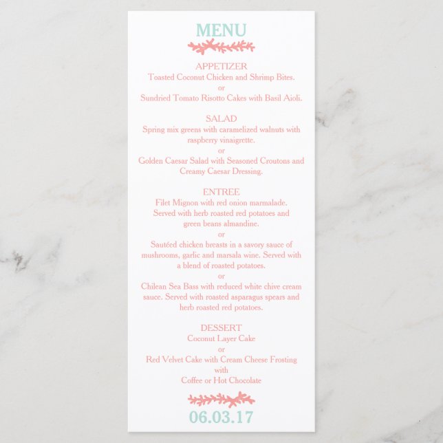 Coral Heart Aqua Beach Wedding Menu (Front)