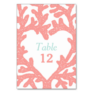 Coral Heart Aqua Beach Wedding Table Numbers