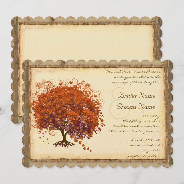 Coral Heart Leaf Tree Rustic Barn Forest Wedding Invitation (Front/Back)