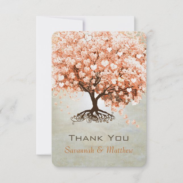 Coral Heart Leaf Tree Wedding Thank You (Front)