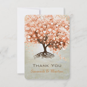 Coral Heart Leaf Tree Wedding Thank You Card