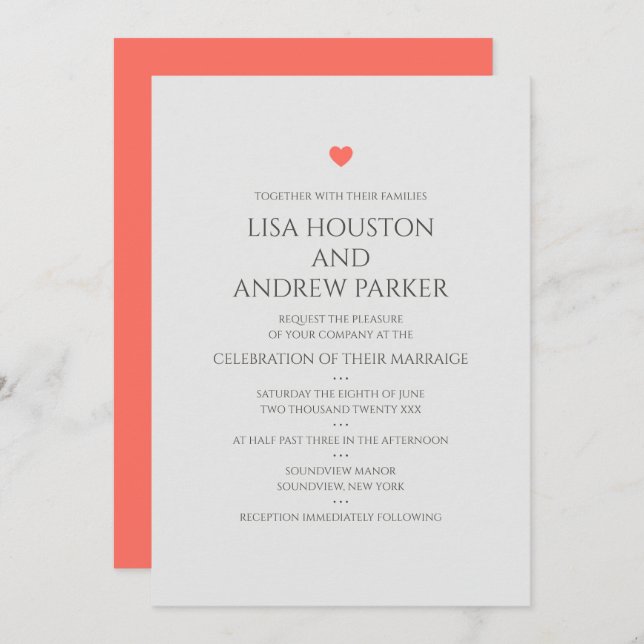 Coral Heart Wedding Invitation (Front/Back)